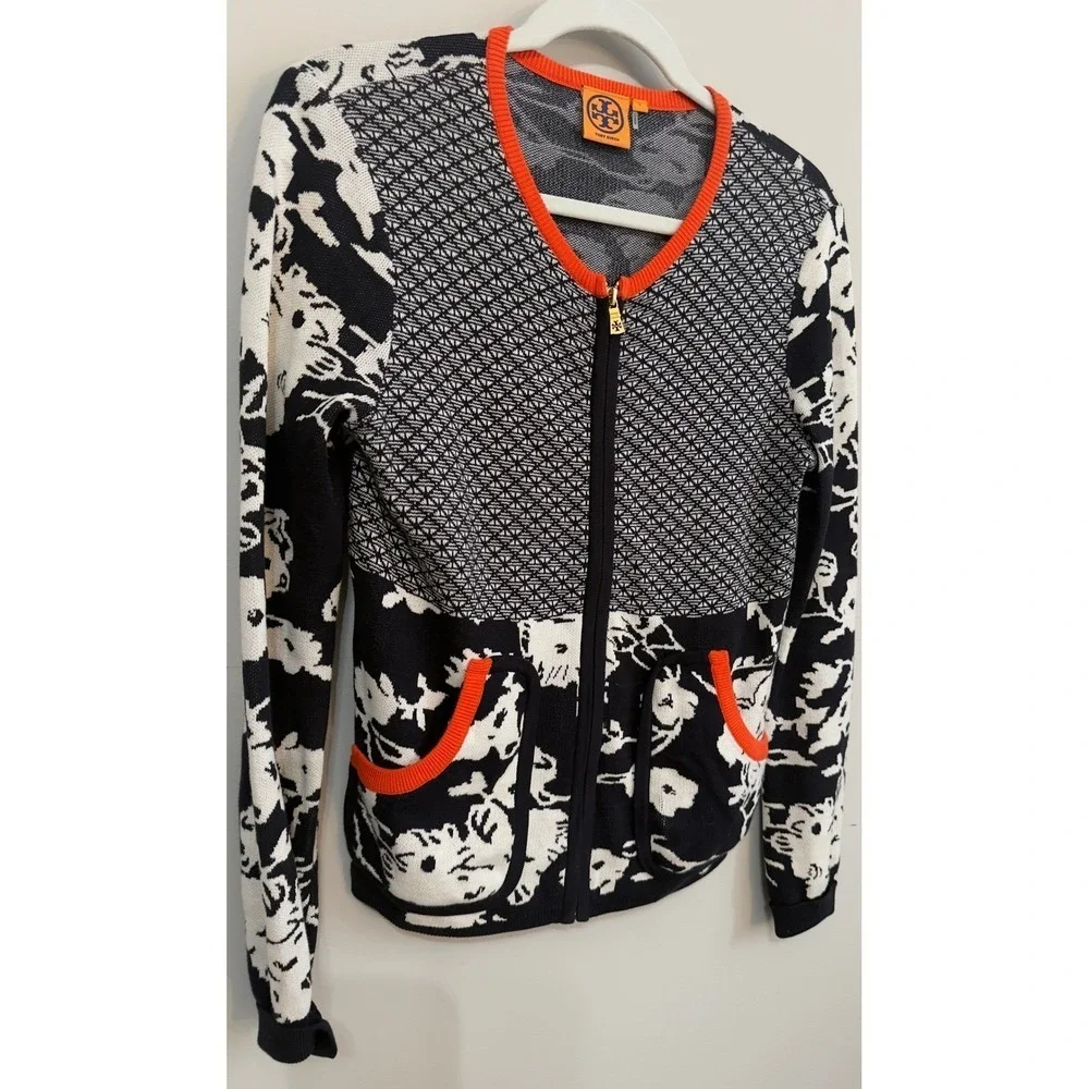 Tory Burch Women Navy White Floral Geometric Zip Front Cotton Cardigan Sweater L